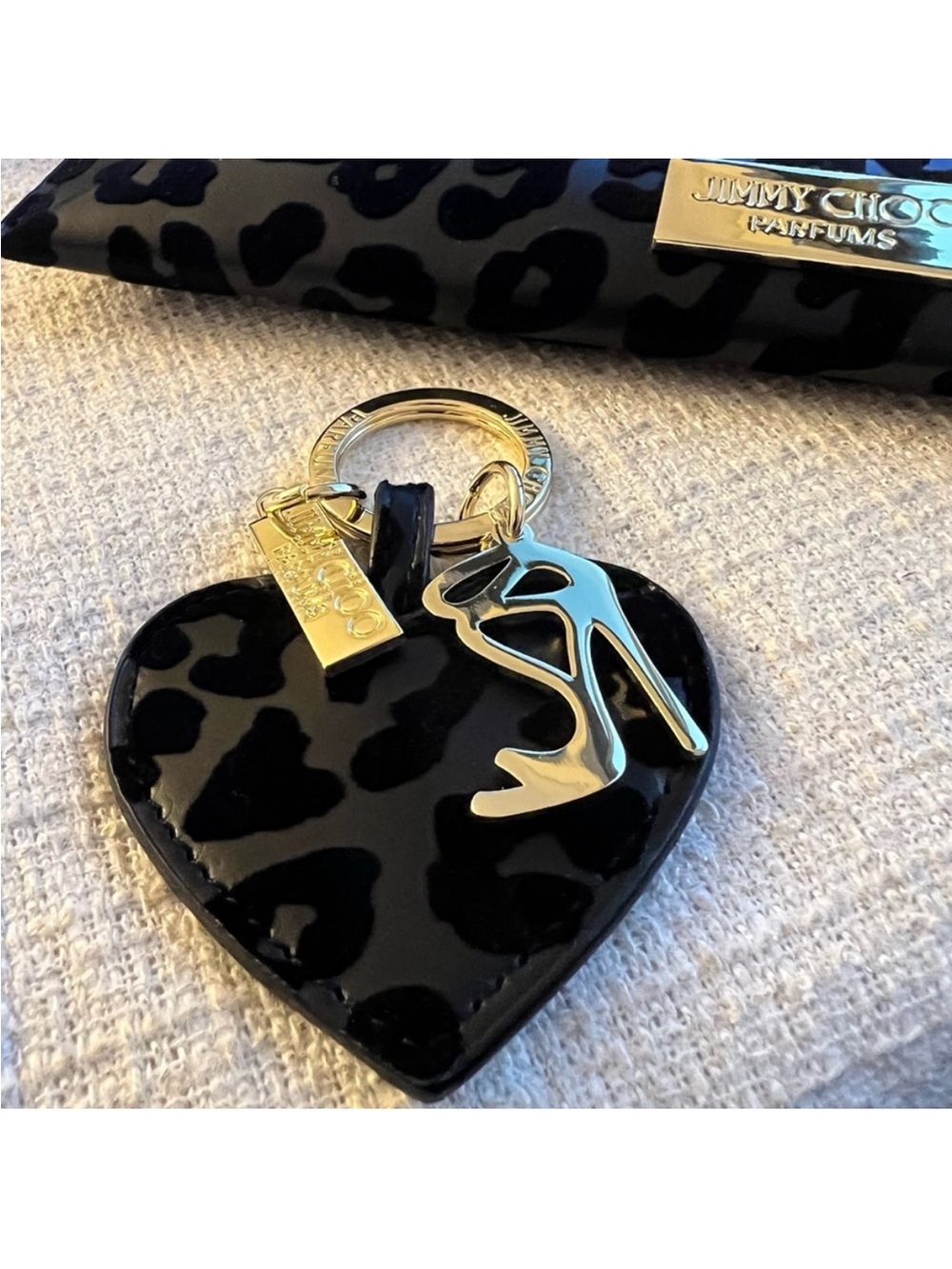 Jimmy Choo Black Leopard-Print Envelope Clutch with Gold Chain and Keychain - Picture 7 of 9